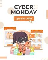 sjabloon voor spandoek van cyber maandag met een schattig meisje dat online cartoonillustratie winkelt vector