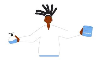 portret van vrouw met donker dreadlocks haar- Holding een shampoo meewassen en styling room in haar handen. vector