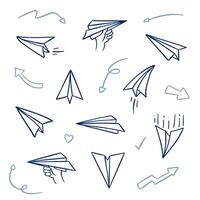 papier vlak tekening tekening set, papier vliegtuig schets hand- getrokken tekening vector