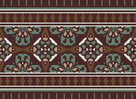 bloem borduurwerk Aan bruin achtergrond. ikat en kruis steek meetkundig naadloos patroon etnisch oosters traditioneel. aztec stijl illustratie ontwerp voor tapijt, behang, kleding, inpakken, batik. vector