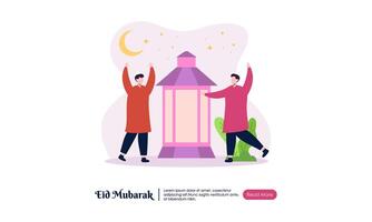 gelukkig eid mubarak of Ramadan groet met mensen karakter illustratie. vector