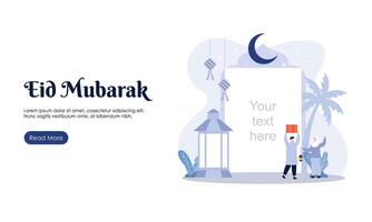 gelukkig eid mubarak of Ramadan groet met mensen karakter illustratie. Islamitisch ontwerp sjabloon voor banier, landen bladzijde of poster. vector