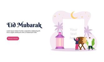 gelukkig eid mubarak of Ramadan groet met mensen karakter illustratie. Islamitisch ontwerp sjabloon voor banier, landen bladzijde of poster. vector