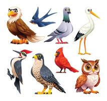 reeks van vogelstand vector tekenfilm illustratie. adelaar, slikken, duif, ooievaar, specht, valk, kardinaal, en uil