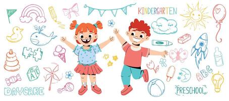 grappig tekenfilm kinderen in kleuterschool Speel met speelgoed. peuter- gelukkig meisje en jongen met lijn kunst kinderen icoon verzameling. kinderopvang tekening. kind tekens en hand- getrokken dieren, snoep, bloemen, zon vector