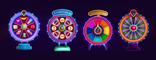 gloeiend wiel van fortuin voor loterij spel of casino realistisch 3d vector illustratie. Lucky roulette, spel spinnen voor winnen prijs. het gokken loterij, vrije tijd pot elementen Aan donker achtergrond