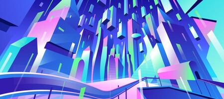 metaverse toekomst stadsgezicht met wolkenkrabbers, perspectief visie. nacht stad straat met neon gloed gebouwen en weg. megalopolis in duisternis. stedelijk architectuur vector panoramisch vlak illustratie