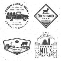 vers rustiek melk insigne, logo. vector. typografie ontwerp met koe, melk boerderij, vrachtauto silhouet. sjabloon voor zuivel en melk boerderij bedrijf - winkel, markt, verpakking en menu vector