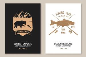 visvangst sport club. vector illustratie folder, brochure, banier, poster ontwerp met beer, visser en regenboog forel silhouet. buitenshuis avontuur visvangst club embleem