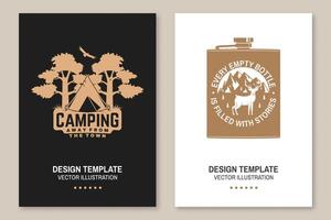 elke leeg fles is gevulde met verhalen. camping. weg van de dorp. vector. folder, brochure, banier, poster ontwerp met metaal heup fles, hert en bergen silhouet. vector