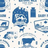 melk boerderij naadloos patroon of achtergrond. vector naadloos zuivel boerderij patroon met koe, geit, melk kan silhouet. structuur voor zuivel en melk boerderij bedrijf - winkel, markt, verpakking en menu