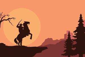 landschap silhouet van cowboy rijden Bij paard achtergrond sjabloon gemakkelijk concept wijnoogst ontwerp vector