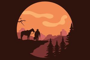 landschap silhouet van cowboy rijden Bij paard achtergrond sjabloon gemakkelijk concept wijnoogst ontwerp vector