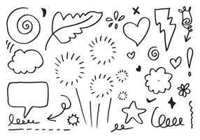 hand getekende set element,zwart op wit background.arrow,bladeren,tekstballon,hart,licht,koning,nadruk,werveling,voor conceptontwerp. vector