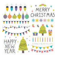verzameling van Kerstmis en nieuw jaar decoratie ontwerp elementen. winter vakantie pictogrammen. vlak stijl. slingers, Kerstmis boom, sneeuwvlokken vector