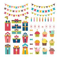 reeks van verjaardag partij of Kerstmis ontwerp elementen. kleurrijk vlaggen, cupcakes, geschenken, kaarsen, bogen en etiketten vector