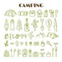 reeks van hand- getrokken camping en wandelen apparatuur. reizen en vakantie tekening verzameling. wandeltocht pictogrammen vector