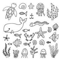 reeks van zee dieren in hand- getrokken stijl. oceaan leven. onderwater, onder de zee, marinier vector