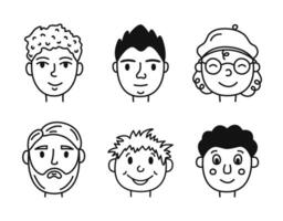 reeks van mensen gezichten. hand- getrokken schattig avatars van mannen en jongens. gemakkelijk geïsoleerd vector illustratie in tekening stijl.