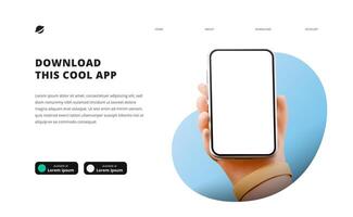 bladzijde banier reclame voor downloaden app voor mobiel telefoon smartphone downloaden toetsen sjabloon 3d tekenfilm schattig hand- Holding telefoon vector