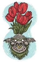 hand- getrokken kleurrijk vector illustratie met gegraveerde grappig demon of gnoom gezicht net zo wortel van mooi voorjaar bloem van tulp geïsoleerd Aan wit, tuin fantasie concept