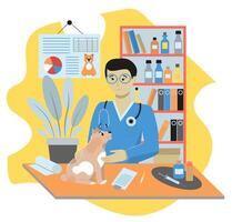 dierenarts dokter examen doen en behandelen hond. veterinair kliniek, gezondheidszorg onderhoud, medisch centrum voor domectis dieren, huisdier zorg en Gezondheid concept voor banier, website. vlak vector illustratie