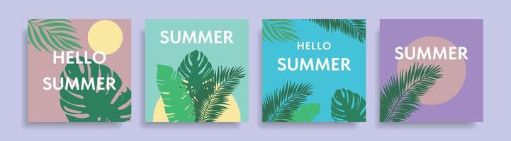 zomer spandoeken, affiches, covers met abstract tropisch bladeren en typografie. tropisch zomer in een minimalistische stijl. vector
