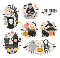 bundel van halloween scènes met grappig en spookachtig tekenfilm tekens - vampier, geest, skelet, grimmig maaimachine, pompoen lantaarn, vleermuizen. griezelig en beangstigend sprookje. feestelijk vector illustratie.