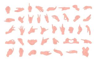 verzameling van verschillend hand- gebaren, tekens getoond met palm en vingers geïsoleerd Aan wit achtergrond. non-verbaal of handleiding communicatie, emotioneel uitdrukkingen, lichaam taal. vector illustratie.