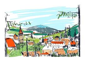 ruw kleurrijk schetsen van klein oude Georgisch dorp, gebouwen en bomen tegen hoog bergen Aan achtergrond. uit de vrije hand tekening van landschap met regeling gelegen Aan heuvel. vector illustratie.