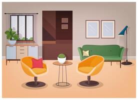 modern interieur van leven kamer vol van comfortabel meubilair en huis decoraties - comfortabel bank, fauteuils, koffie tafel, huis planten, verdieping lamp, muur afbeeldingen. vector illustratie in vlak stijl.