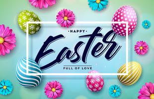 Gelukkige Pasen-Illustratie met Kleurrijk Geschilderd Ei en de Lentebloem op Blauwe Achtergrond. vector