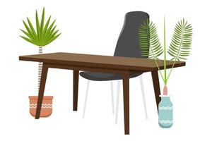 bureau met moderne mooie houten stoel en tafel met prachtig design met 3D-weergave geïsoleerd met kamerplanten