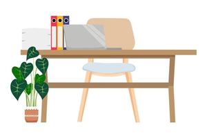 plat modern bureau voor thuiskantoor freelancer met houten stoel tafel en pc laptop computer met wat papierstapel bestandsmap kamerplanten vector