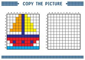 kopiëren de afbeelding, compleet de rooster afbeelding. leerzaam werkbladen tekening met vierkanten, kleur cel gebieden. kinderen peuter- activiteiten. tekenfilm vector, pixel kunst. het zeilen schip illustratie. vector