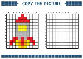 kopiëren de afbeelding, compleet de rooster afbeelding. leerzaam werkbladen tekening met vierkanten, kleur cel gebieden. kinderen peuter- activiteiten. tekenfilm vector, pixel kunst. ruimte raket illustratie. vector