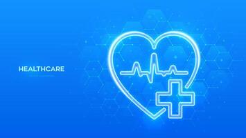 gezondheidszorg. Gezondheid verzekering. hart met kruis en hartslag icoon Aan blauw medisch achtergrond met zeshoeken. Gezondheid zorg en medisch Diensten spandoek. moleculair structuur. vector illustratie.