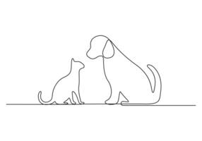 kat en hond doorlopend een lijn tekening vector illustratie
