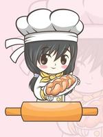 schattig meisje van de bakkerijchef-kok met een cake en brood - stripfiguur en logo-afbeelding vector
