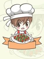schattige barbecue chef-kok jongen met een gegrild rundvlees - stripfiguur en logo afbeelding vector