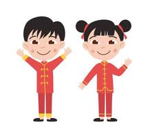 Chinese kinderen. gelukkig jongen en meisje in nationaal kleren. vector vlak tekenfilm illustratie
