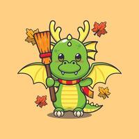 schattig herfst draak Holding bezem. mascotte tekenfilm vector illustratie geschikt voor poster, brochure, web, mascotte, sticker, logo en icoon.