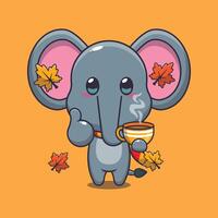 schattig olifant met koffie in herfst seizoen tekenfilm vector illustratie