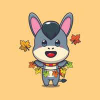 schattig ezel met herfst blad decoratie. mascotte tekenfilm vector illustratie geschikt voor poster, brochure, web, mascotte, sticker, logo en icoon.