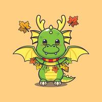 schattig draak met herfst blad decoratie. mascotte tekenfilm vector illustratie geschikt voor poster, brochure, web, mascotte, sticker, logo en icoon.