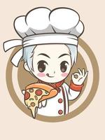 leuke chef-kokjongen die een pizzaplak houdt. fastfood logo illustratie concept