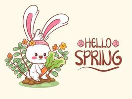 schattig konijntje met een bloem lente. stripfiguur illustratie hallo lente groet vector