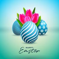 Vector illustratie van Happy Easter Holiday met Painted Egg en Tulip Flower