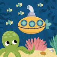 vector onder de zee landschap illustratie met Octopus en onderzeeër. oceaan leven tafereel met zand, zeewier, koralen, riffen. schattig plein water natuur achtergrond. aquatisch afbeelding voor kinderen