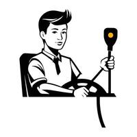 vector zwart en wit illustratie van Mens het rijden auto met stuurinrichting wiel en microfoon Mike